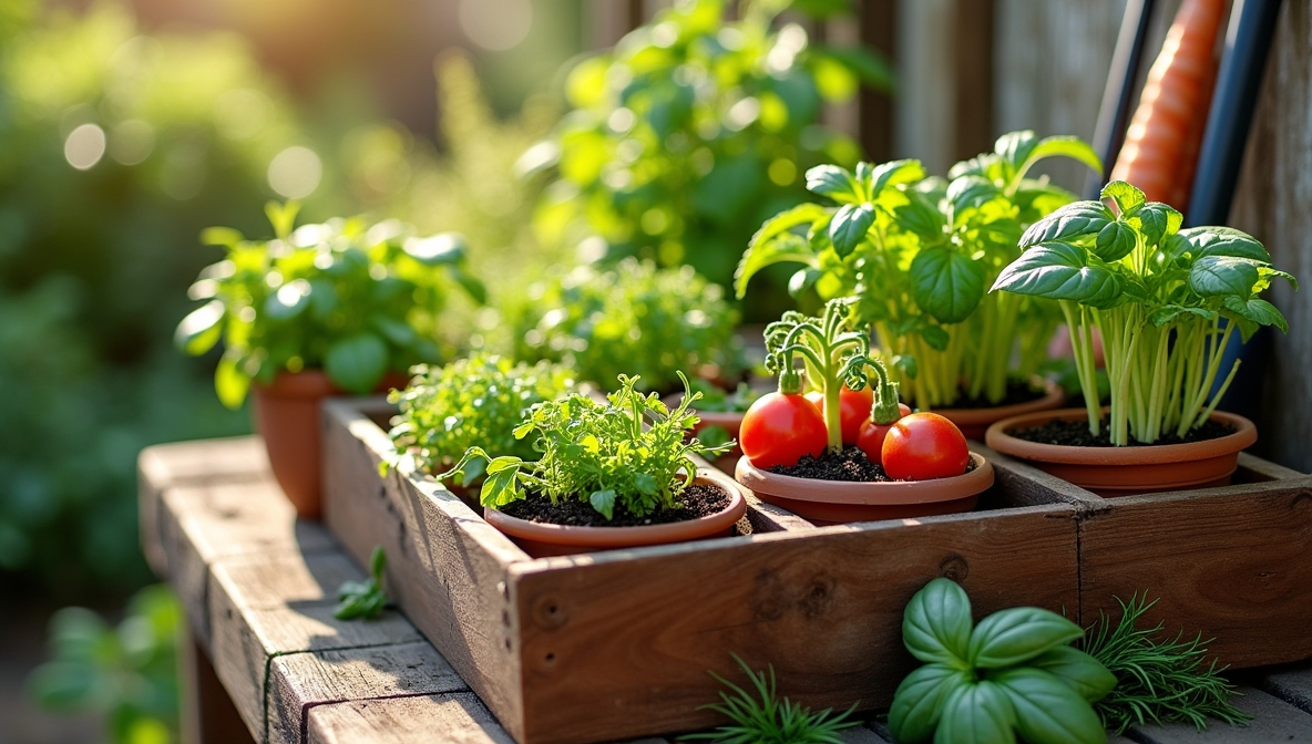Container mini-garden with fresh vegetables growing in New Zealand